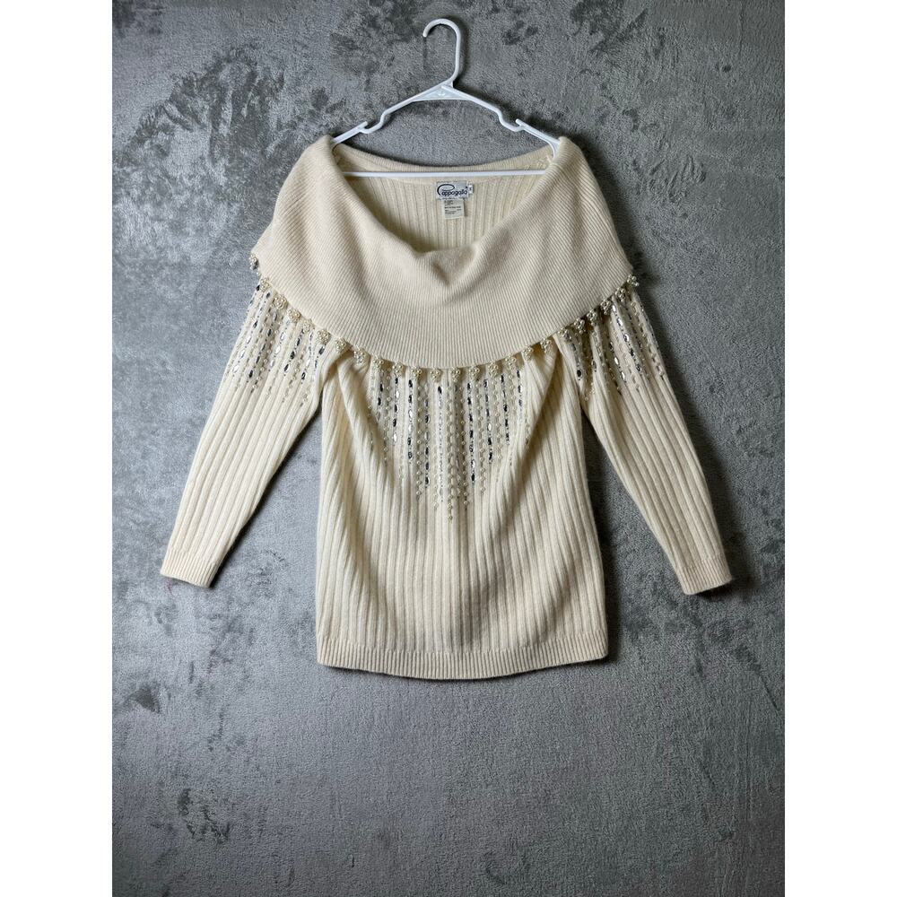 Vintage Ivory Lambswool Angora Beaded Ribbed Knit Sweater Skirt Set Quiet Luxury - Picture 2 of 13